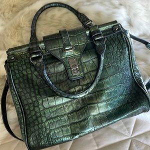 Rafe New York large Iridescent Green Faux Croc Leather Satchel w/Shoulder Strap
